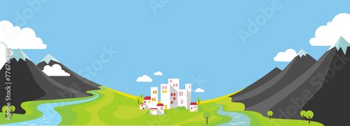 Panorama vector illustration of mountains and city in valley