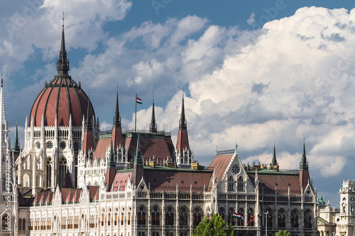 Photography Gothic Parliament building in Budapest on blue sky background