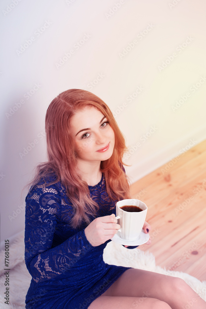 beautiful girl with cup of coffee indoor beautiful girl with cup of coffee indoor