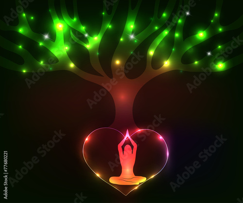 Woman meditate under the colorful tree