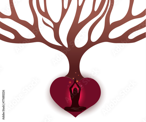 Woman meditate under the big tree in the abstract roots of heart