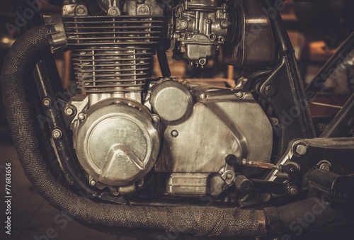 Close-up of a cafe-racer motorcycle engine photo