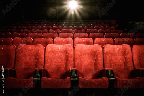 Empty comfortable red seats with numbers in cinema