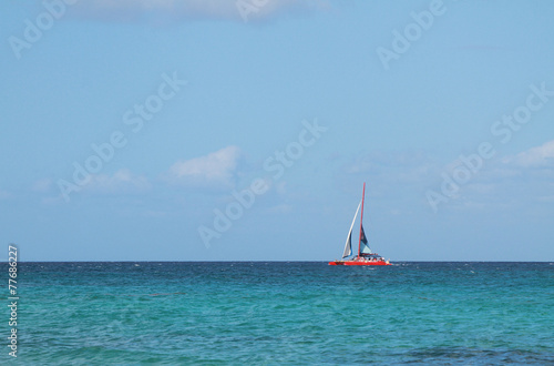 Red catamaran in sea