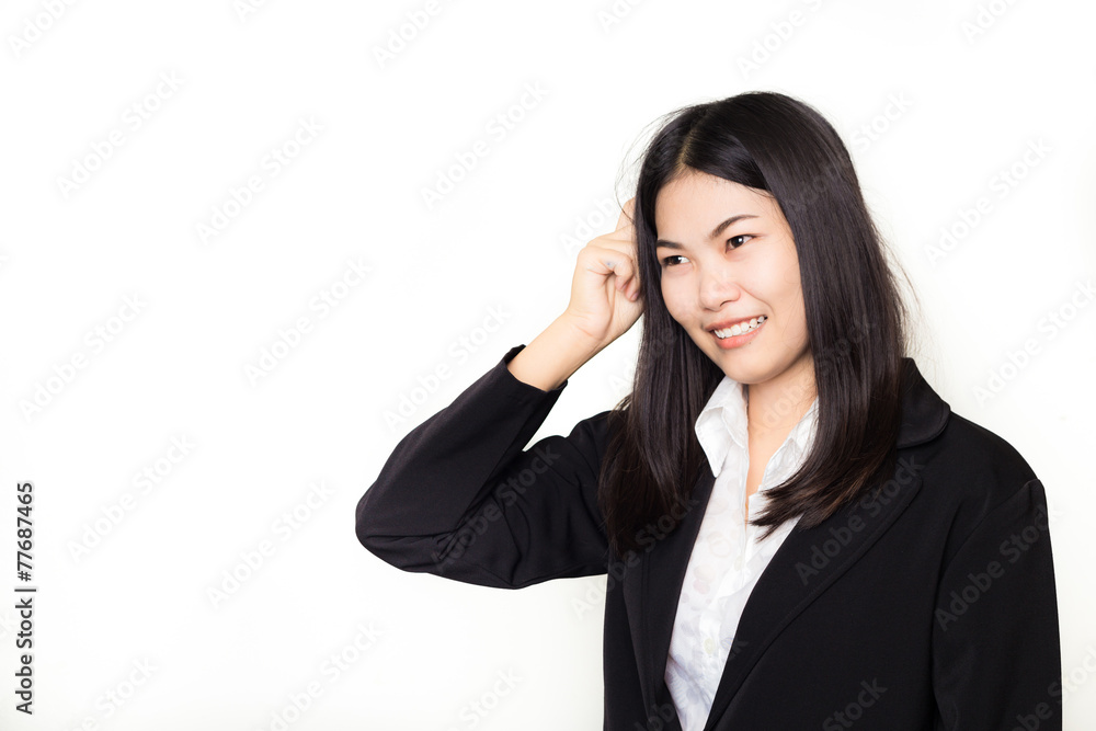 Business asian woman thinking in looking pensive and happy in su Business asian woman thinking in looking pensive and happy in su