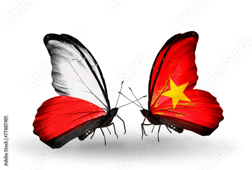 Two butterflies with flags Poland and Vietnam