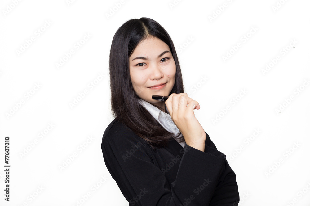 Business woman thinking a good idea with pen. Business woman thinking a good idea with pen.