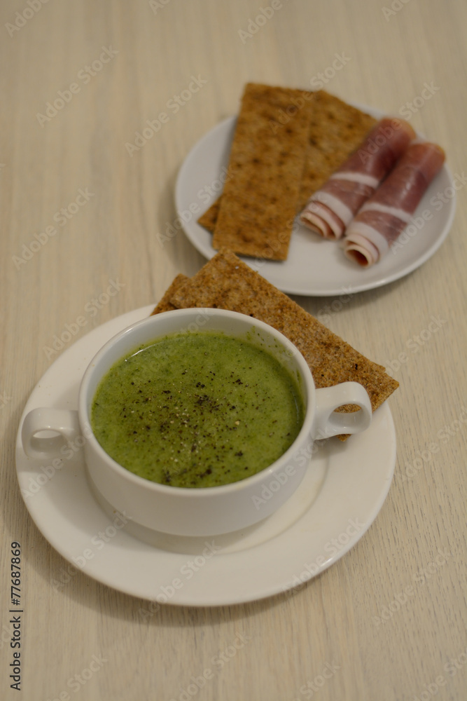 Hot vegetable soup with rye crisps and prochutto Hot vegetable soup with rye crisps and prochutto