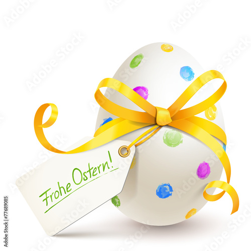 Osterei mit gelber Schleife u. Etikett - Frohe Ostern