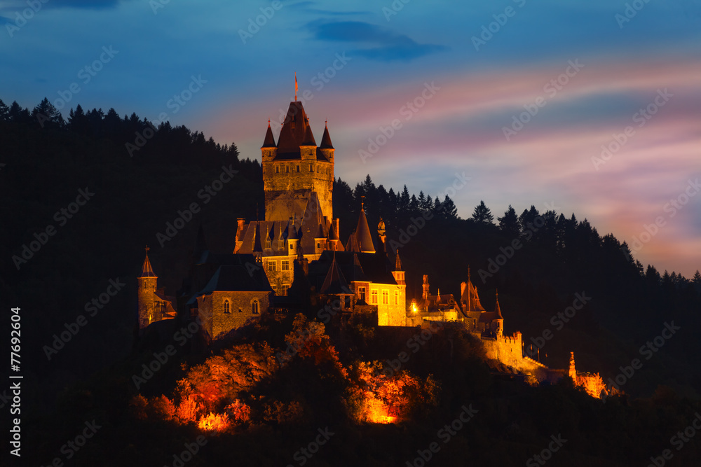 Cochem Imperial Castle on mountain at night