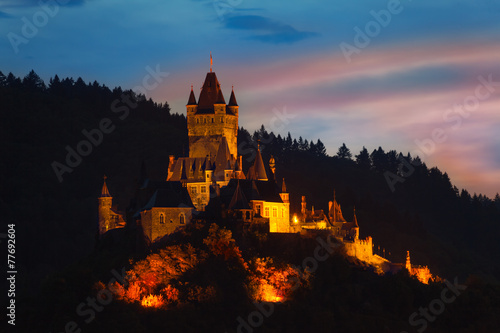 Cochem Imperial Castle on mountain at night