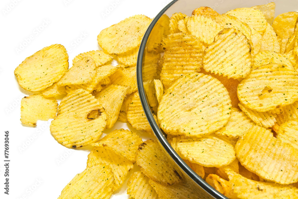 glass plate with ruffles potato chips