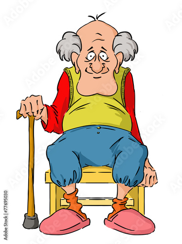 Nice elderly Grandpa is sitting on a small stool.