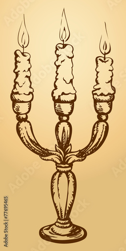Three candle in elegant candlestick. Vector sketch