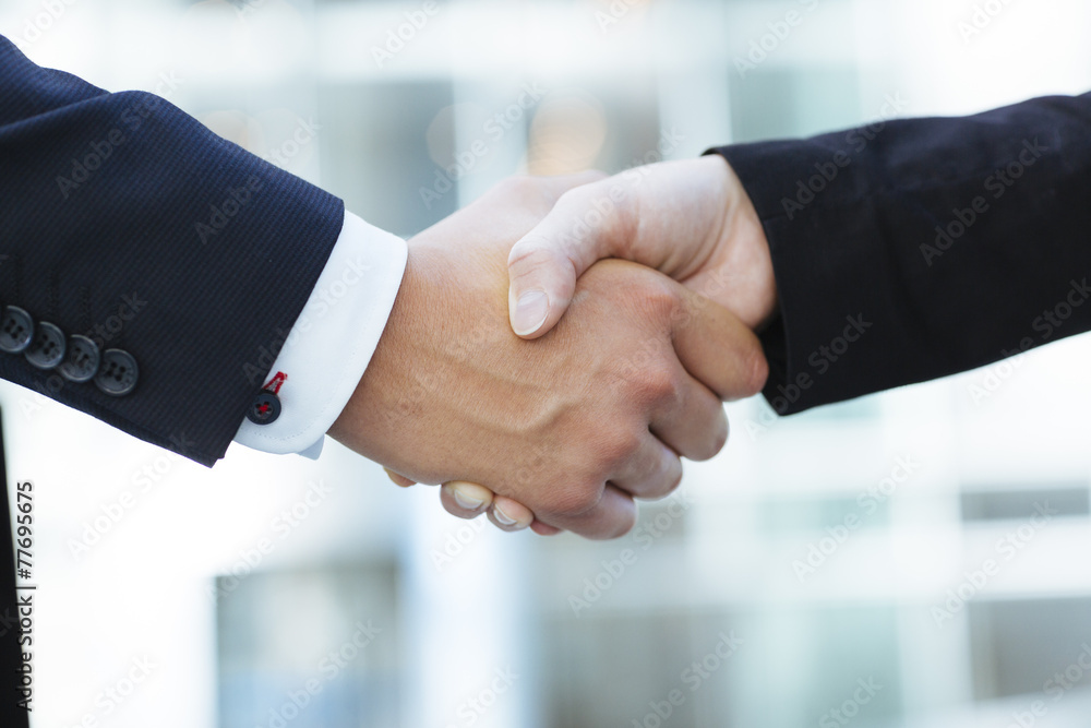 Two young business people shaking hands