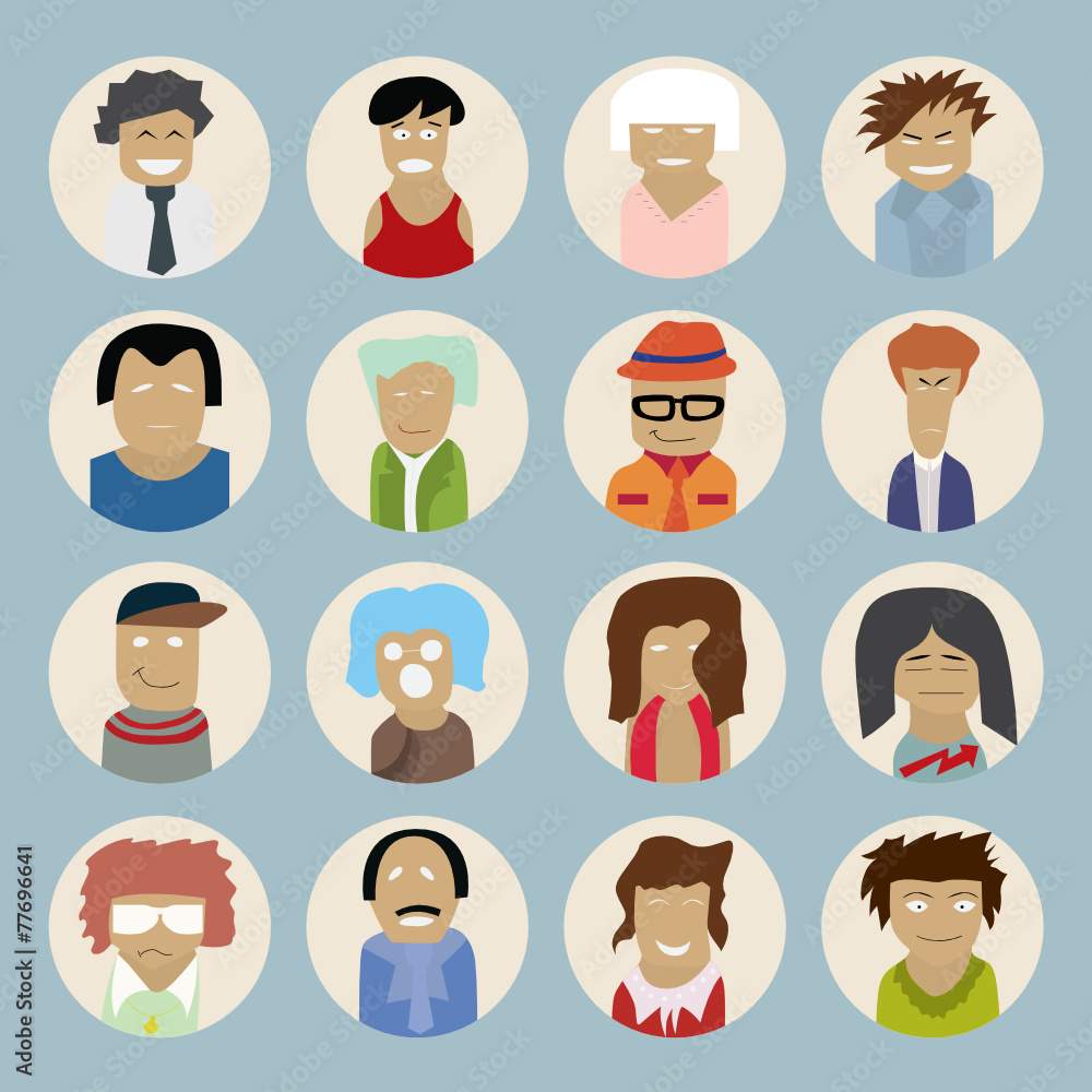 Set of people icons in flat style with faces Set of people icons in flat style with faces