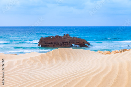 Wreck boat on the coast of boa vista in Cape Verde