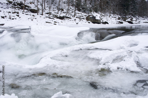 Ice covers rocks in a slow motion river in the winter