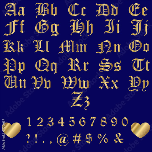 Old English Gold Alphabet Letters and Numbers