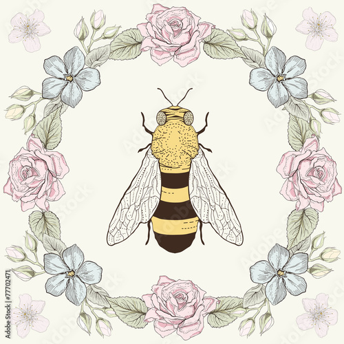 Floral frame and bee in engraving style