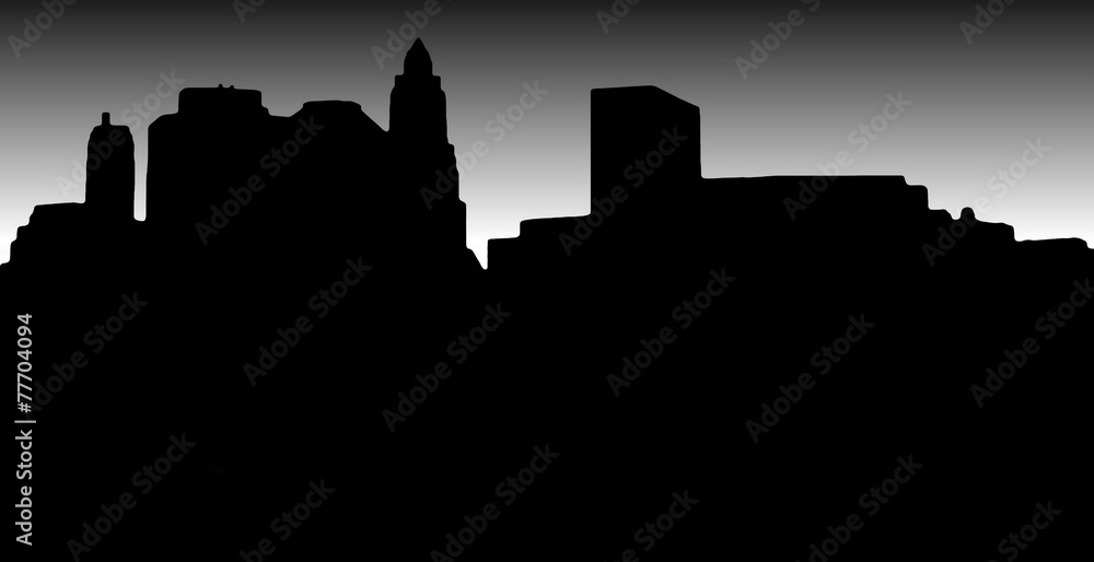 Lower Manhattan silhouette on white  black  background