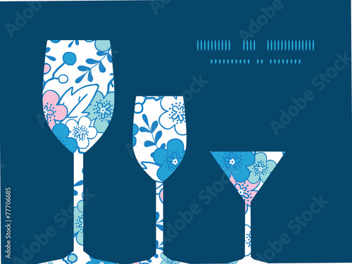 Vector blue and pink kimono blossoms three wine glasses