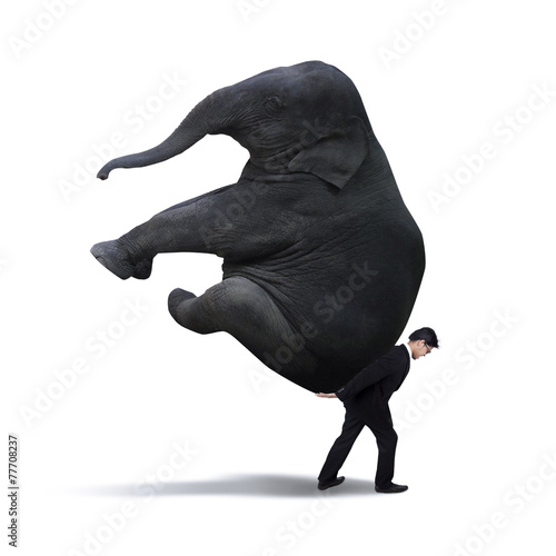 Photography Businessman lifting heavy elephant isolated on white