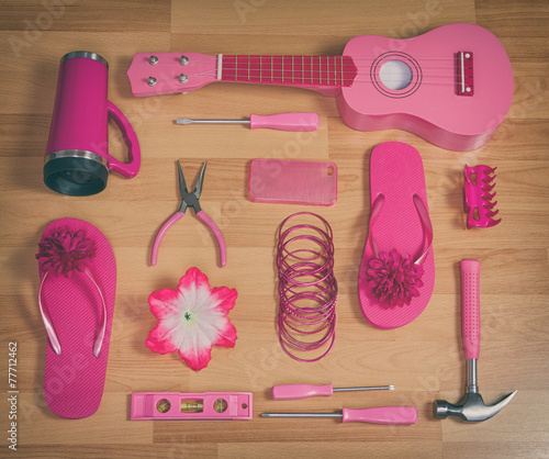 top view of a collection of useful and playful pink objects