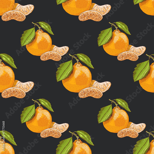 Seamless pattern with mandarins on dark background