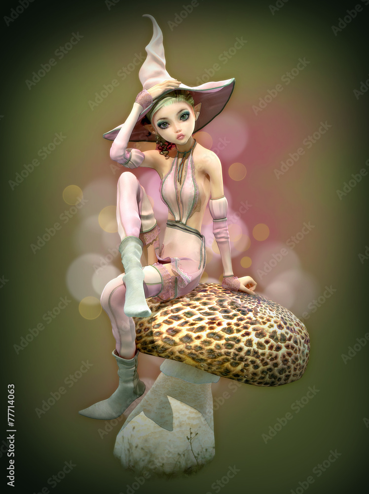 Pink Elf on a Mushroom, 3d CG - obrazy, fototapety, plakaty 
