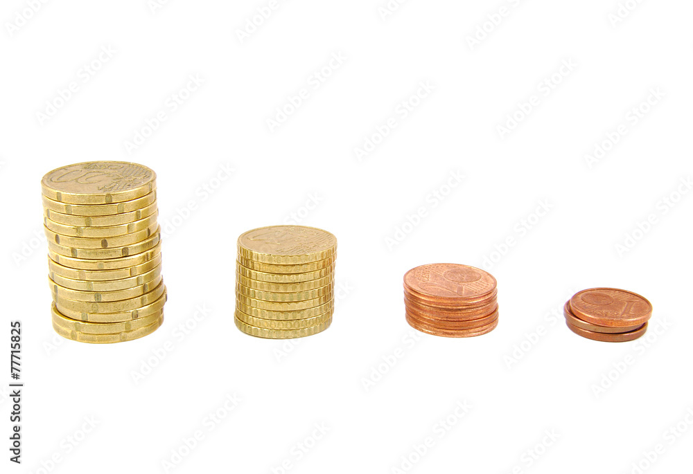 Four euro coins piles isolated on a white background. Four euro coins piles isolated on a white background.