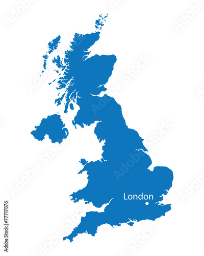 blue map of United Kingdom with the indication of London