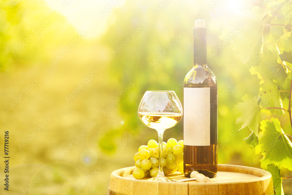 Fototapeta premium Tasty wine on wooden barrel on grape plantation background