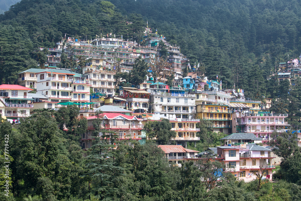 Fototapeta premium Houses at Himalaya mountains in Dharamshala, India