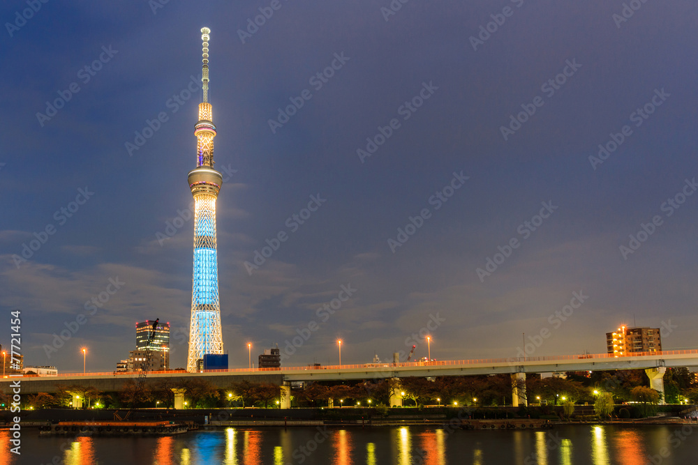 View of Tokyo Sky Tree (634m) at night, the highest free-standin