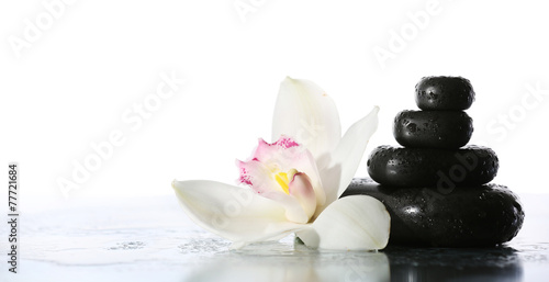 Fototapeta Naklejka Na Ścianę i Meble -  Still life of spa stones on wet glossy surface isolated on