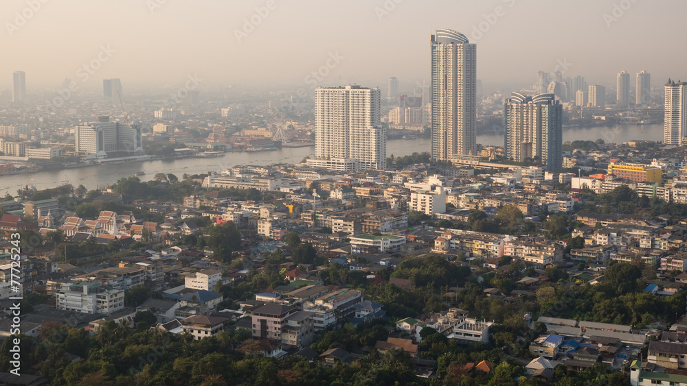 Bangkok residence area with Chao Phraya river in the background