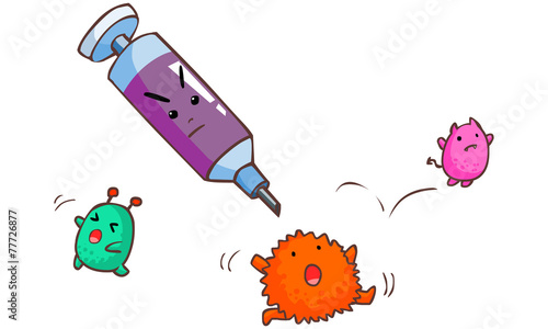 Bacteria run away from syringe illustration.