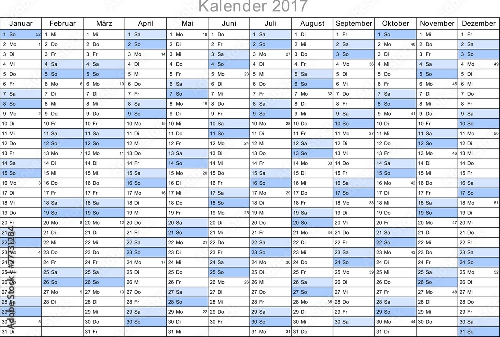 Kalender 2017 universal - ohne Feiertage Stock Vector | Adobe Stock