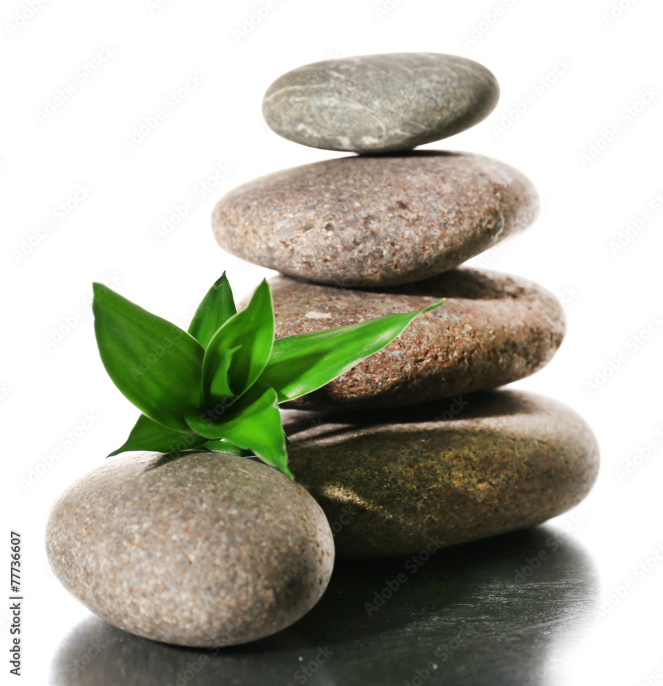Spa stones with green leaves isolated on white Spa stones with green leaves isolated on white