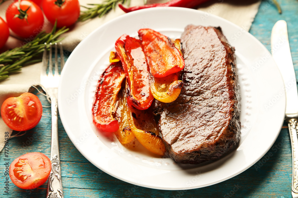 Composition with tasty roasted meat and vegetables Composition with tasty roasted meat and vegetables