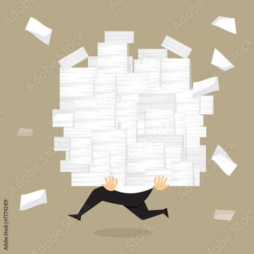 Businessman run holding a lot of documents in his hands