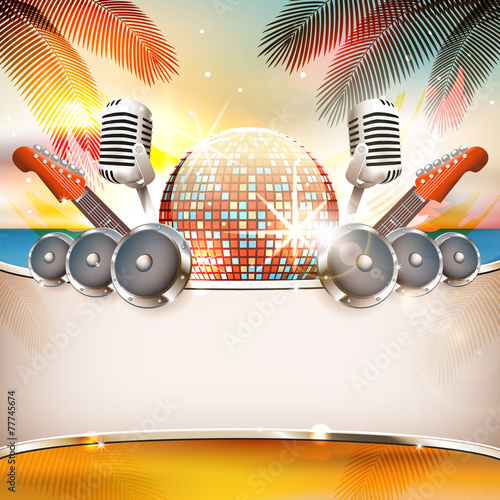 Summer music background with disco ball, speakers, guitar