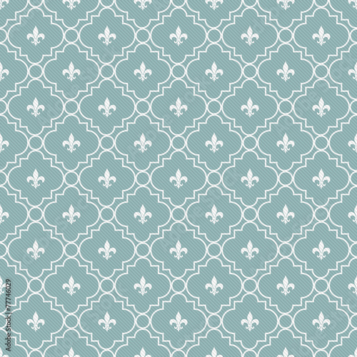 Teal and White Fleur-De-Lis Pattern Textured Fabric Background