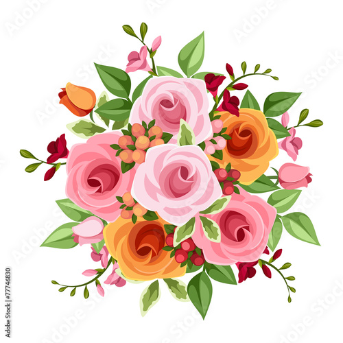Bouquet of roses and freesia flowers. Vector illustration.