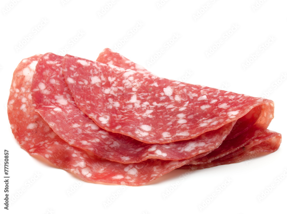Salami sausage slices isolated on white background cutout