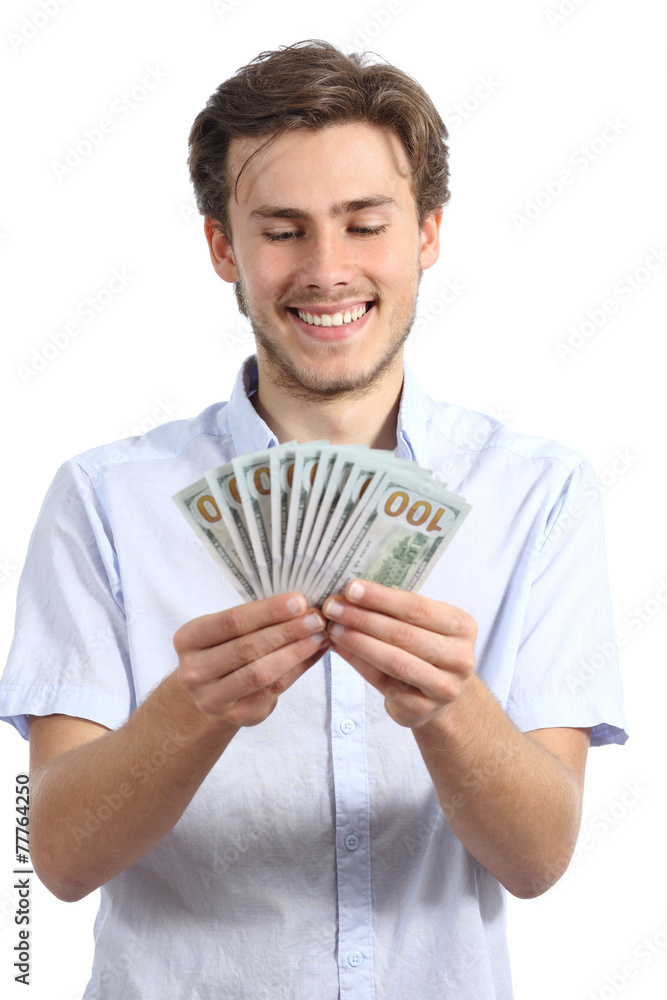 Casual happy man holding money Casual happy man holding money