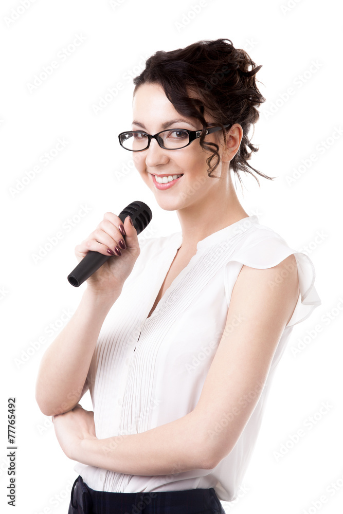 Young office woman with microphone on white background Young office woman with microphone on white background