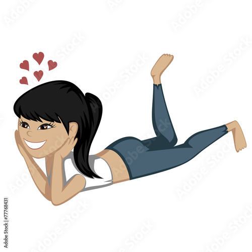 A cute black haired fitness girl is daydreaming on the floor