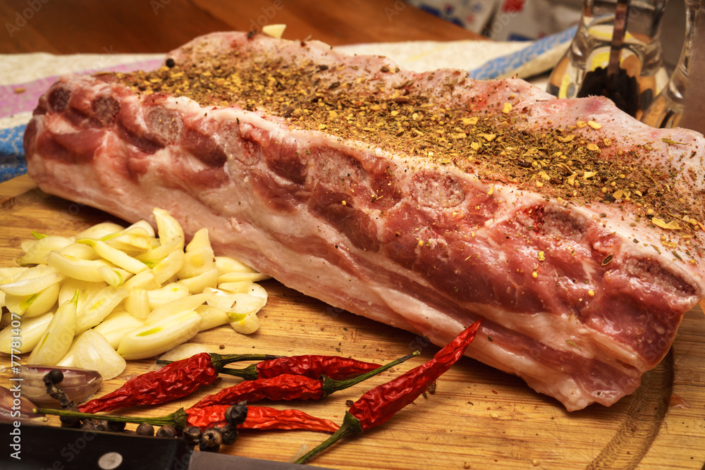 Fototapeta premium Fresh pork ribs, meat marinated and prepared for roast